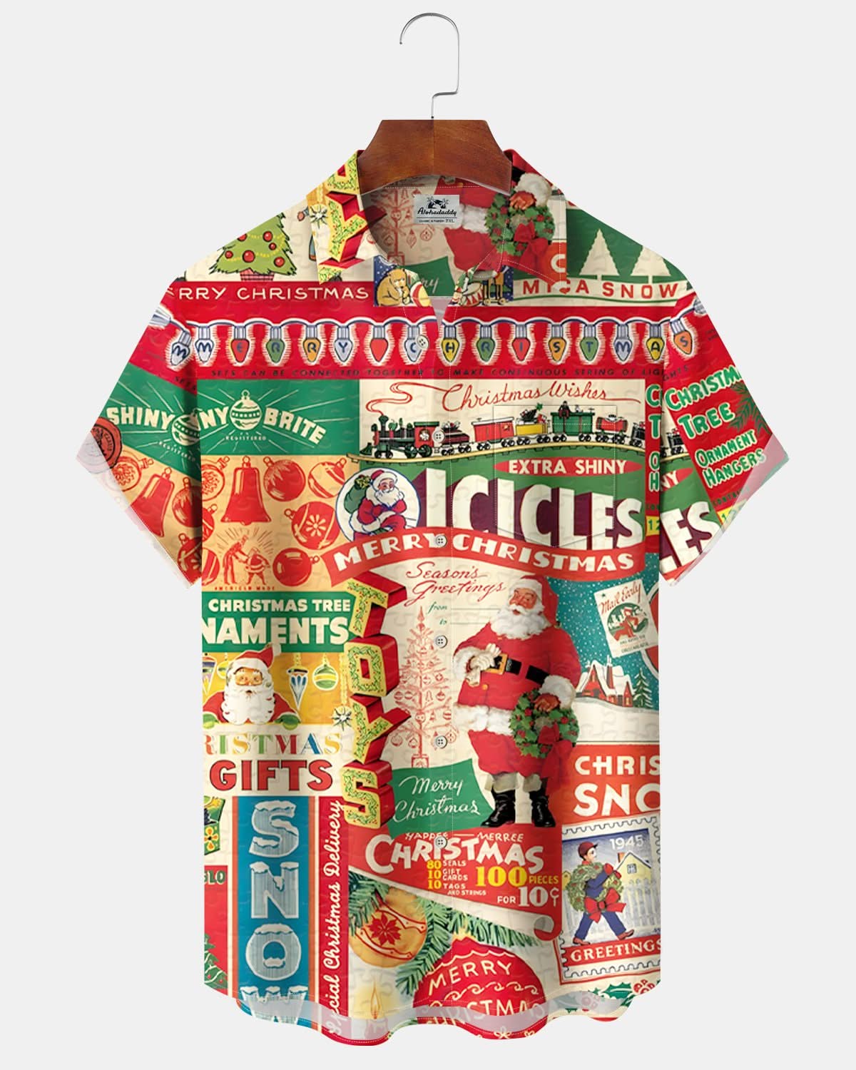 Alohadaddy® Retro Poster Christmas Print Men's Casual Fashion Button Pocket Short Sleeve Shirt Big & Tall