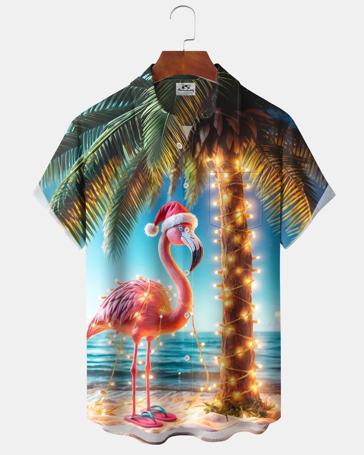 Alohadaddy® Holiday Christmas Lights Flamingo Christmas Tree Hawaiian Resort Beach Men's Short-Sleeve Shirt