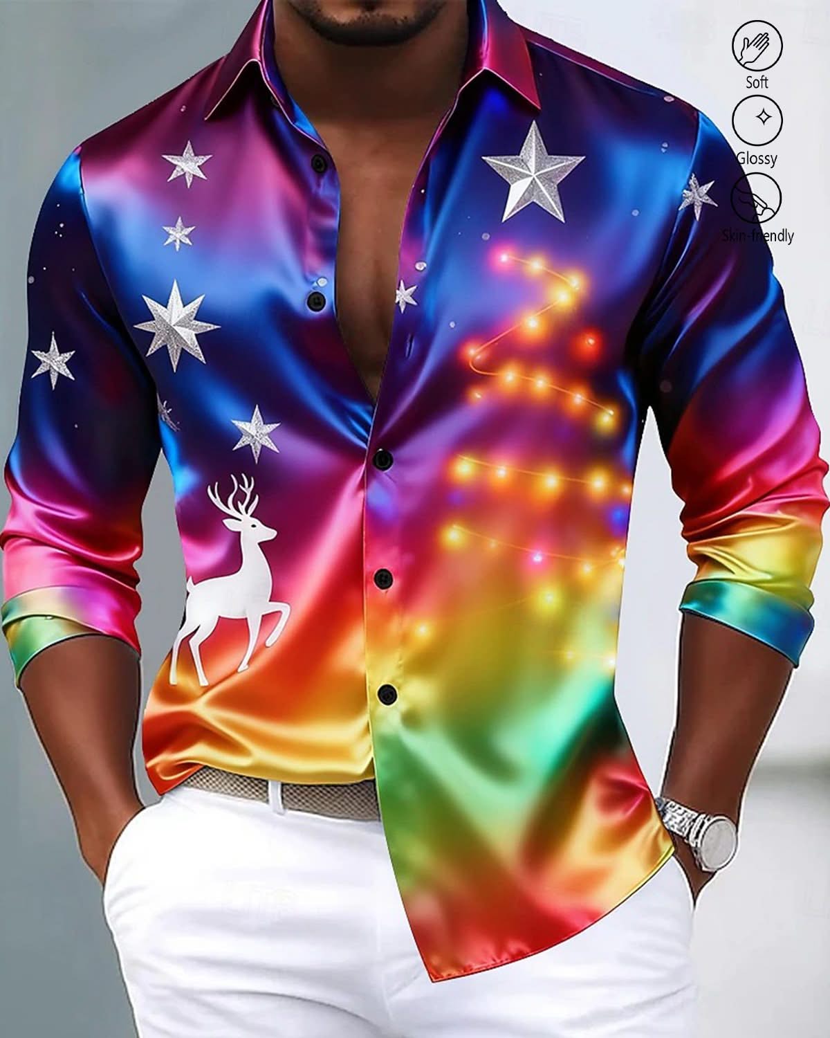 Alohadaddy® Holiday Christmas Tree Reindeer Gradient Men's Long-Sleeve Shirt