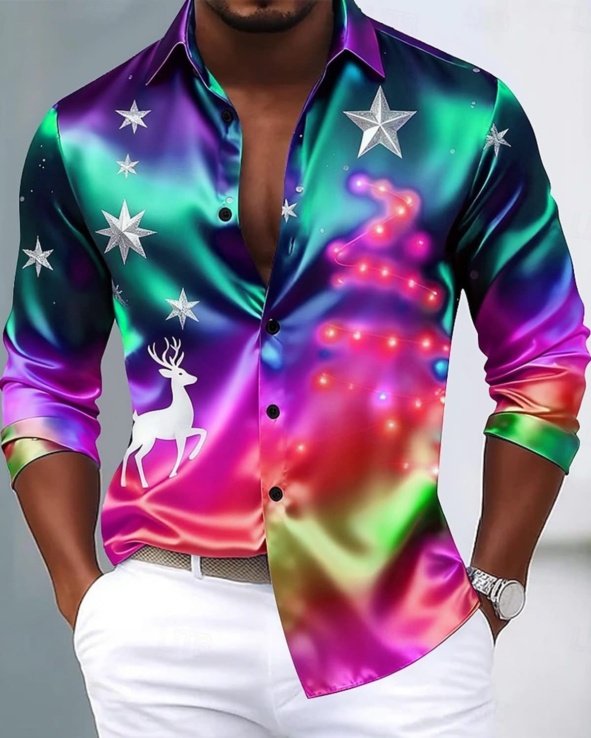 Alohadaddy® Holiday Christmas Tree Reindeer Gradient Men's Long-Sleeve Shirt