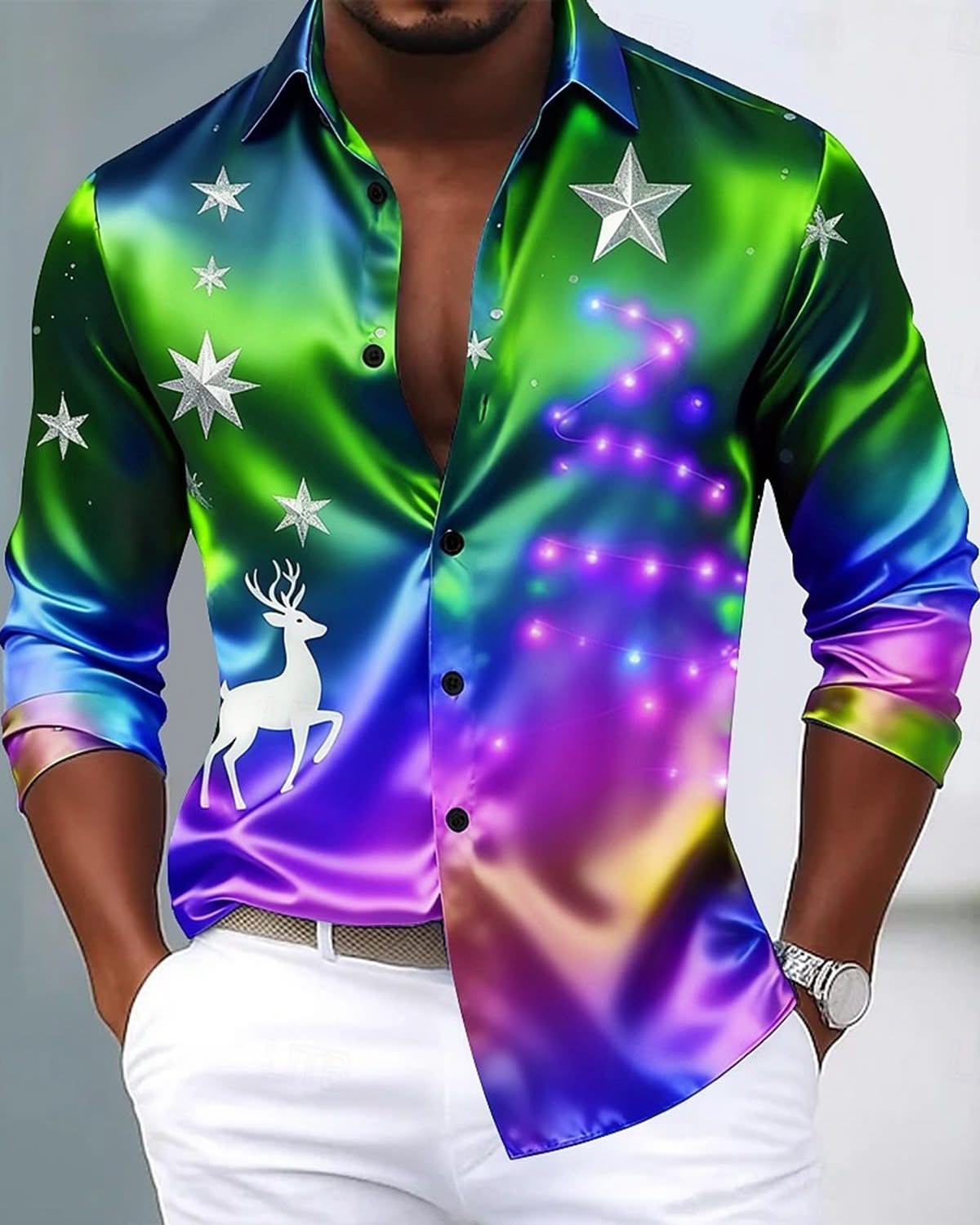 Alohadaddy® Holiday Christmas Tree Reindeer Gradient Men's Long-Sleeve Shirt