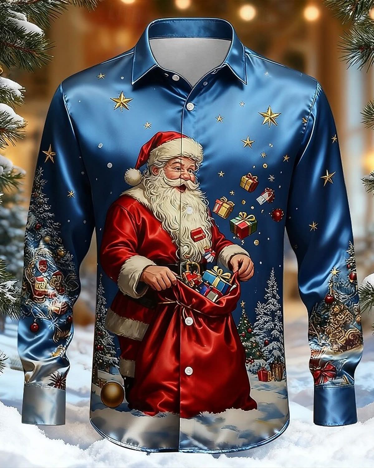 Alohadaddy® Holiday Vintage Christmas Santa Claus Gift Men's Long-Sleeve Shirt