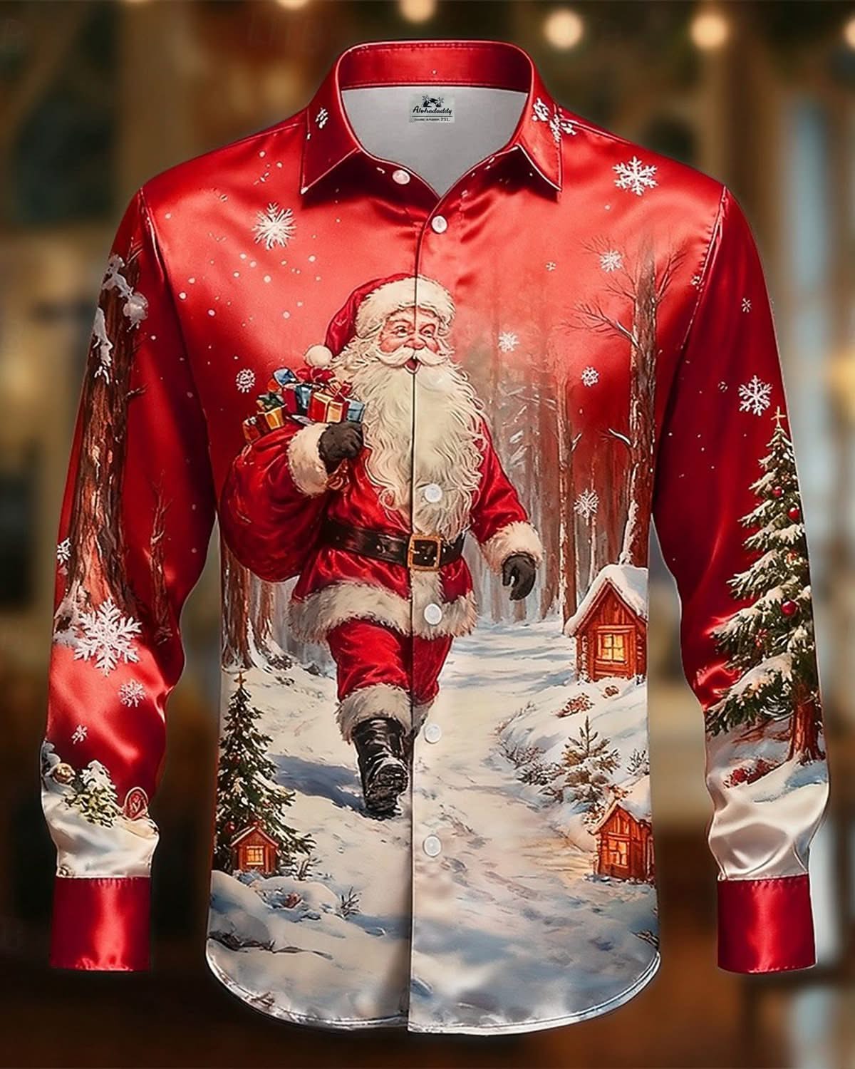 Alohadaddy® Holiday Vintage Santa Gift Snowy Christmas Men's Long-Sleeved Shirt