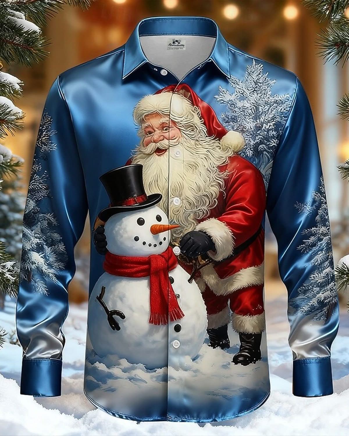 Alohadaddy® Holiday Santa Claus Snowman Christmas Satin Silk Men's Long-Sleeve Shirt