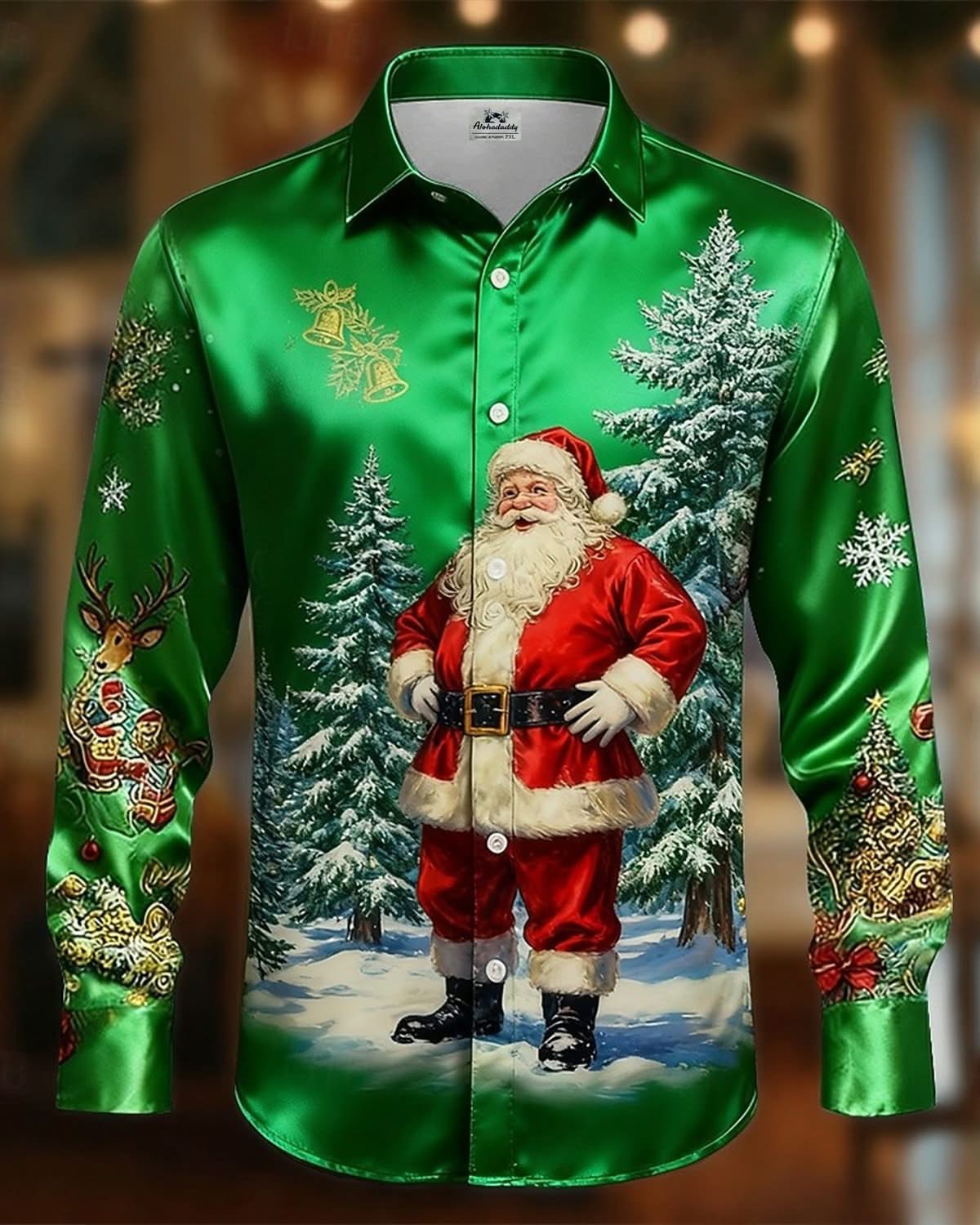 Alohadaddy® Holiday Santa Christmas Tree Vintage Satin Silk Men's Long-Sleeve Shirt