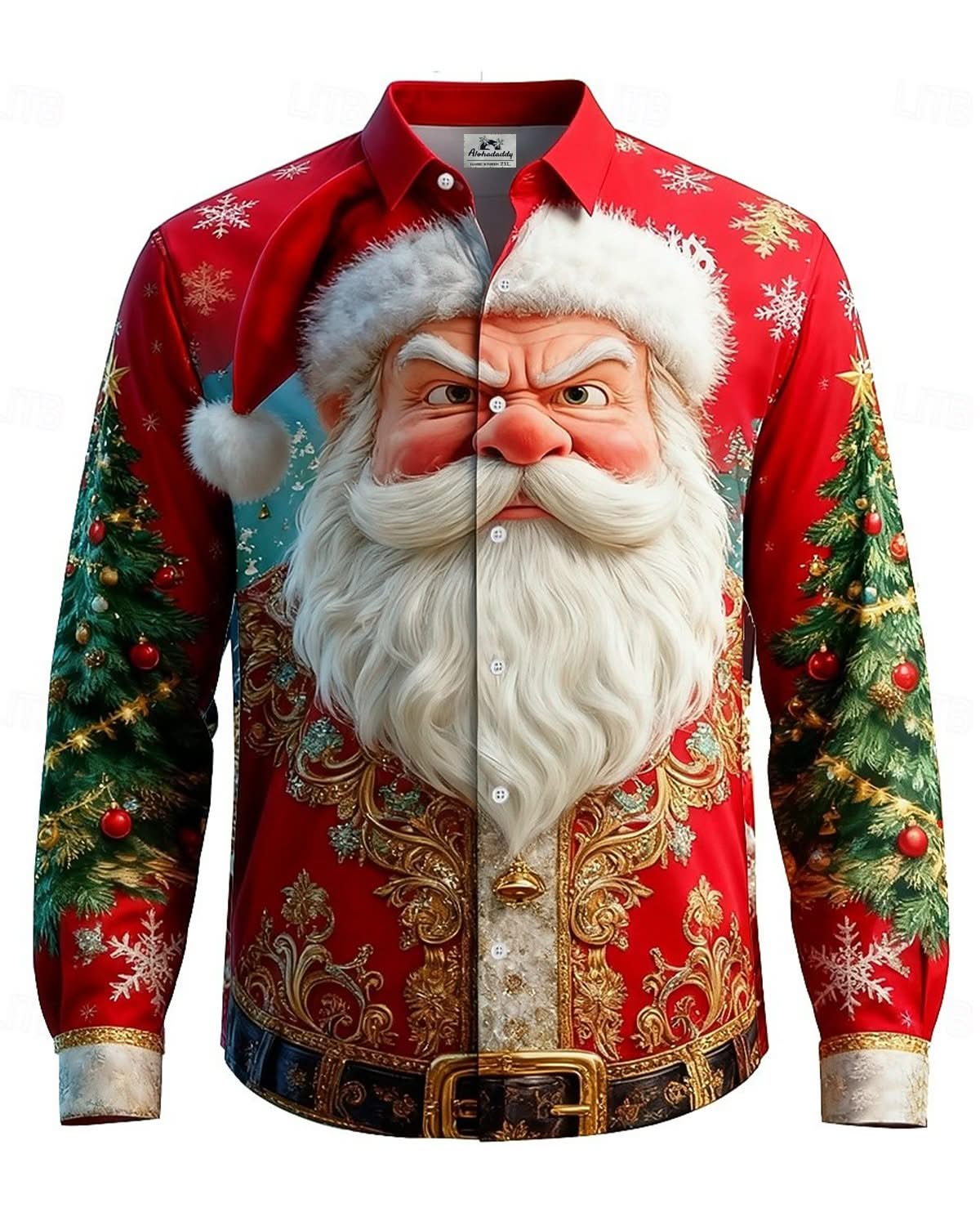 Alohadaddy® Holiday Quirky 3D Santa Claus Christmas Tree Retro Men's Long-Sleeve Shirt