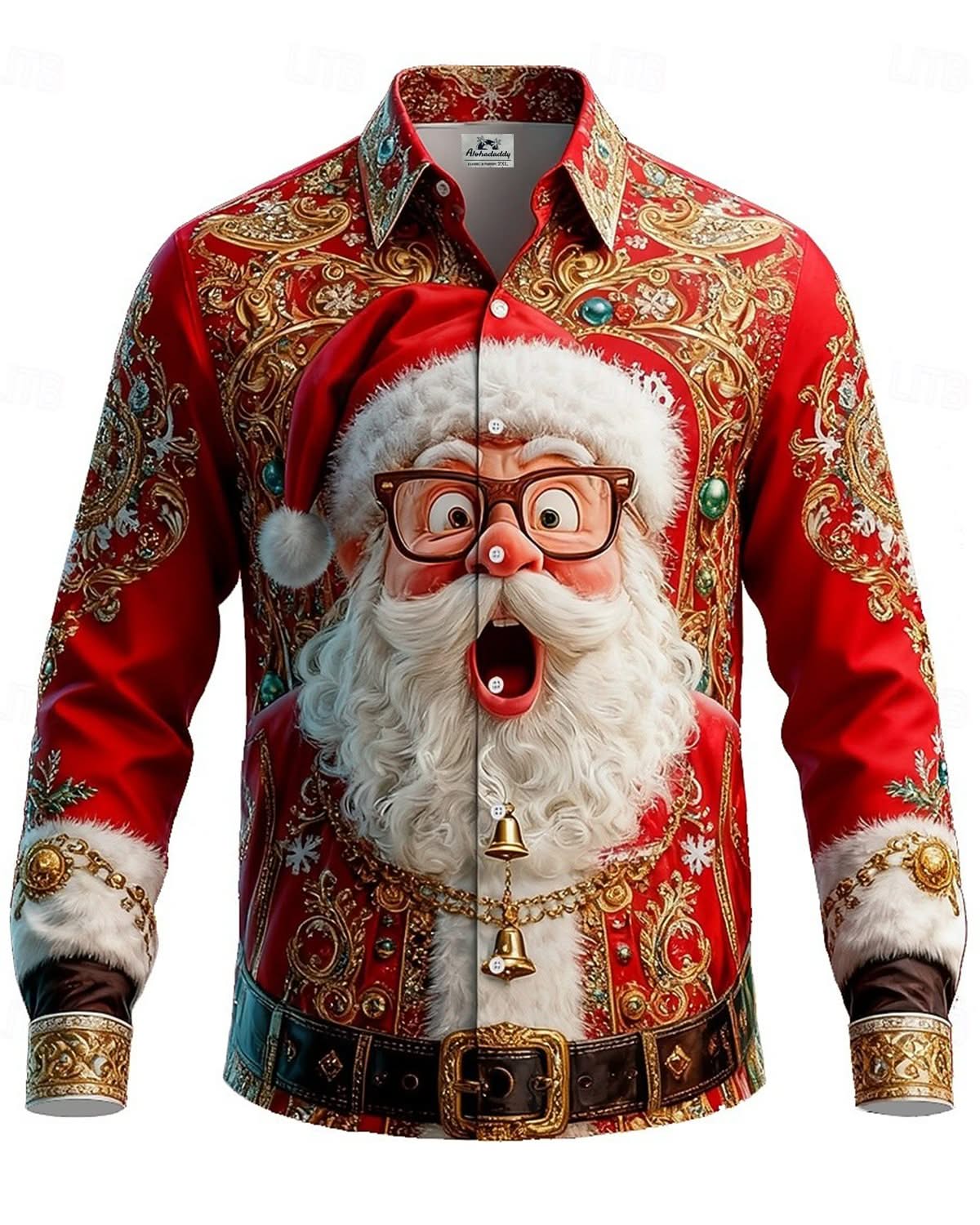 Alohadaddy® Holiday Spooky 3D Surprising Santa Claus Christmas Tree Retro Men's Long-Sleeve Shirt