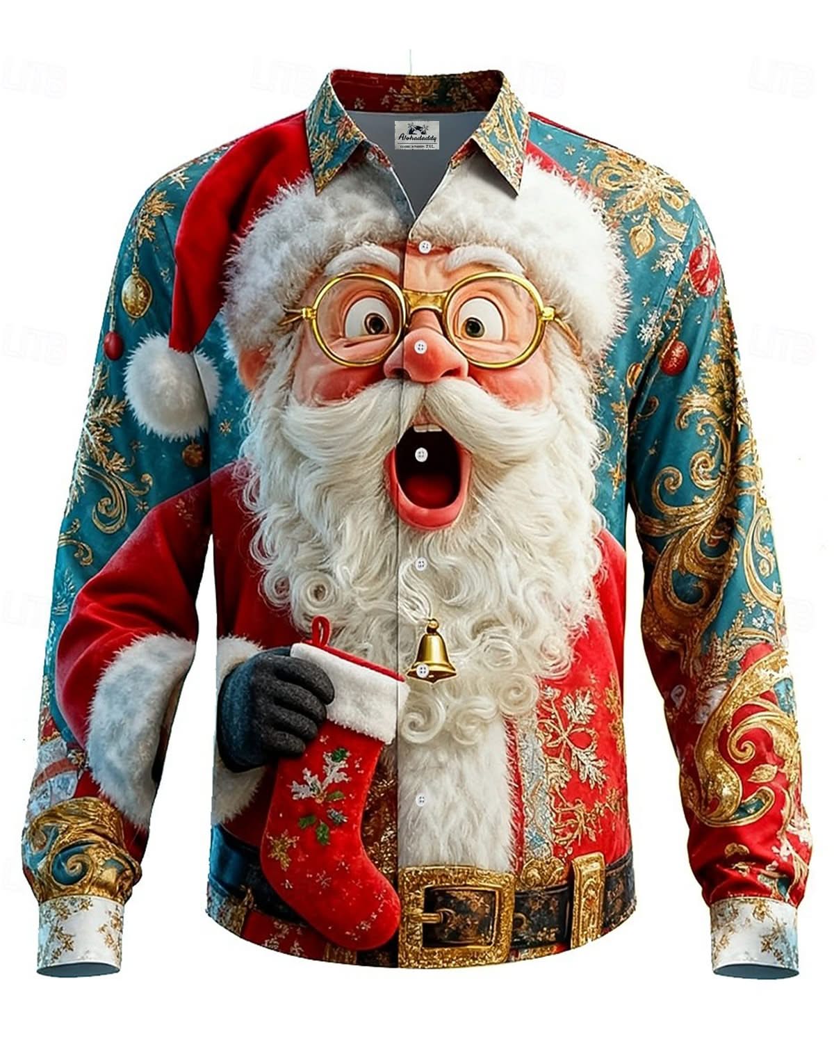 Alohadaddy® Holiday Christmas 3D Surprise Santa Claus Retro Men's Long-Sleeve Shirt