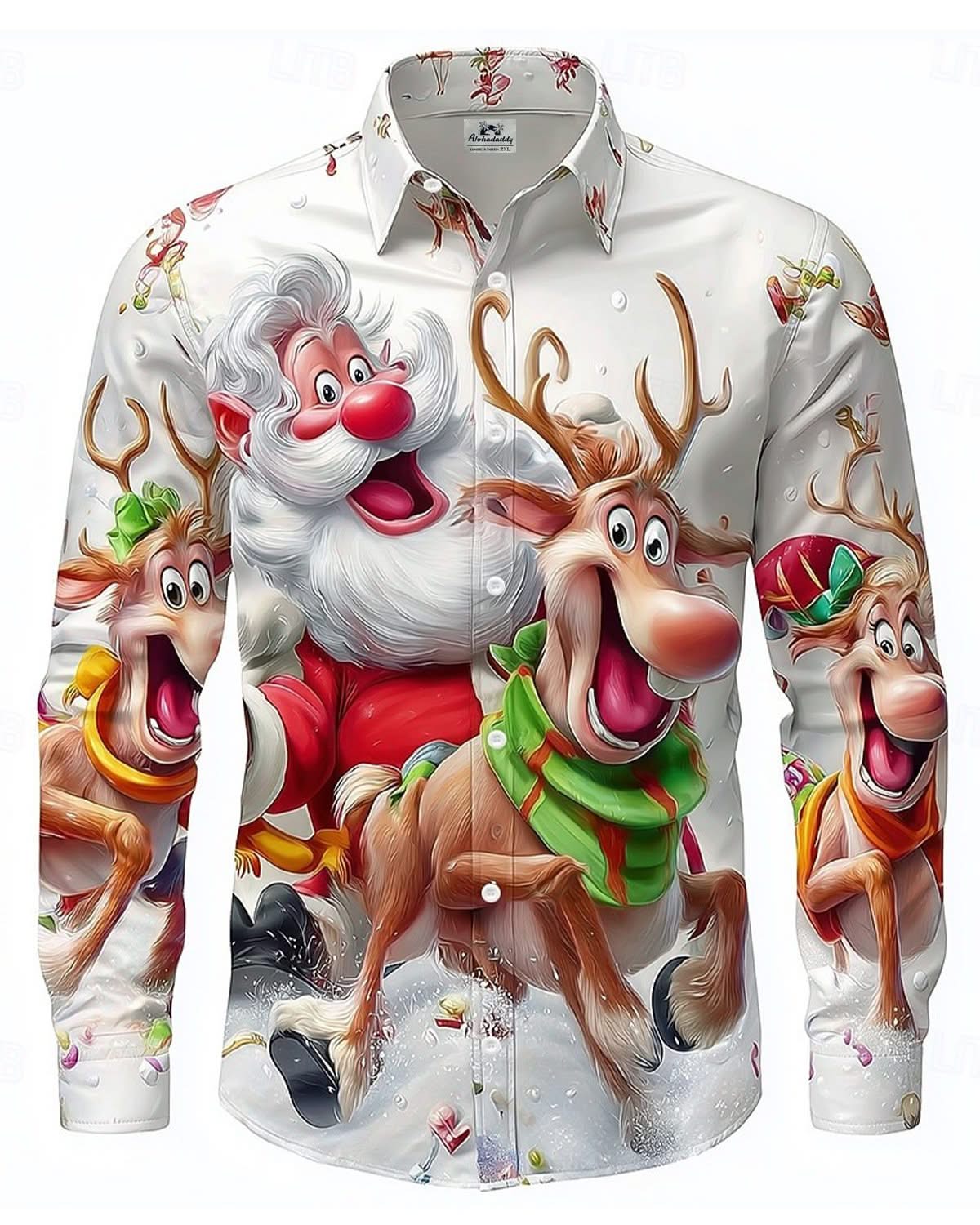 Alohadaddy® Holiday Christmas Santa Claus Reindeer Cartoon Retro Men's Long-Sleeve Shirt