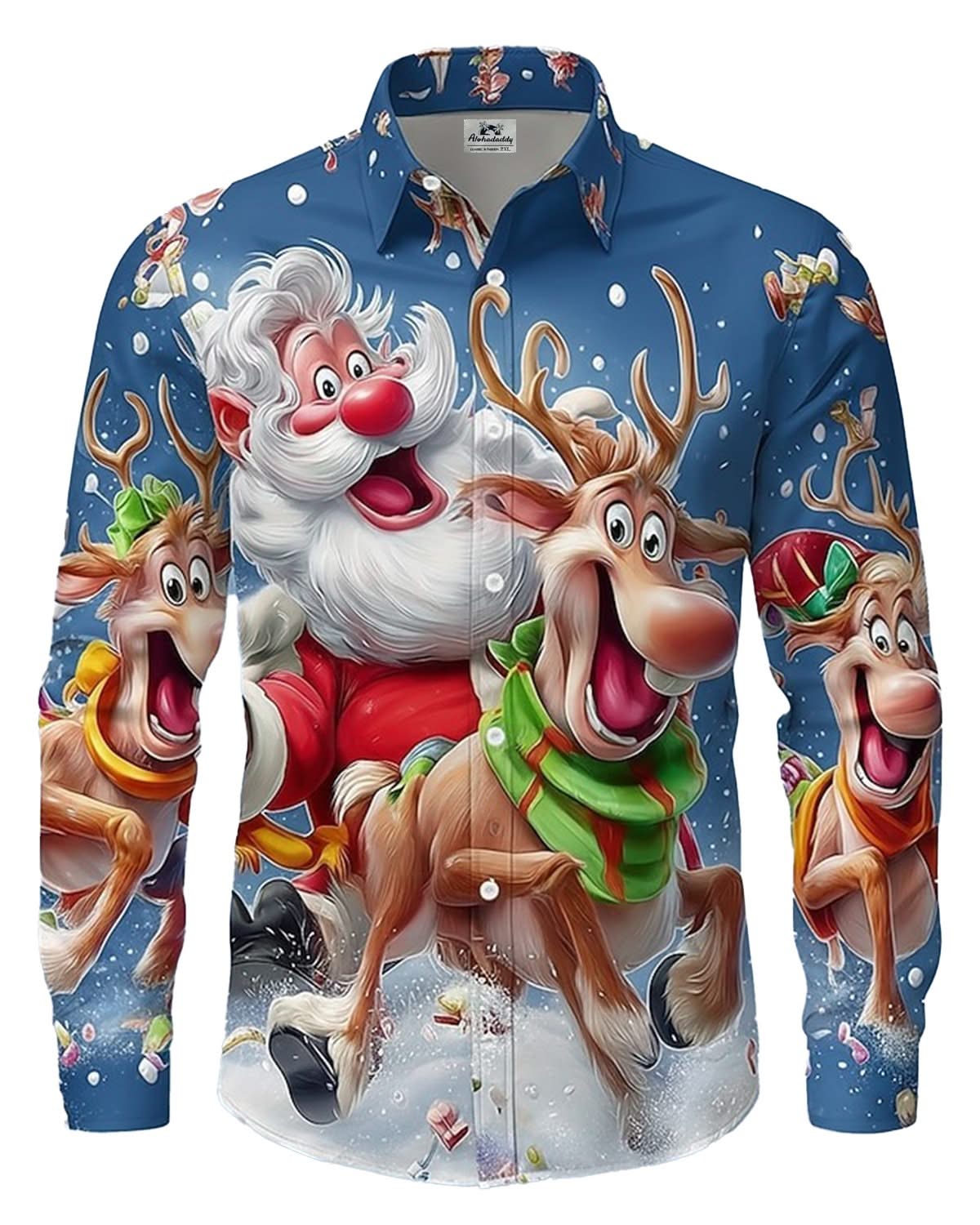 Alohadaddy® Holiday Christmas Santa Claus Reindeer Cartoon Retro Men's Long-Sleeve Shirt