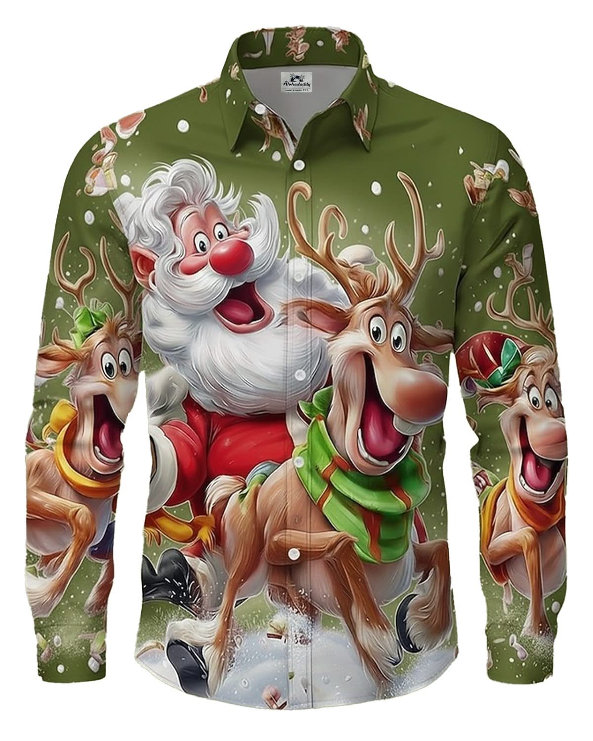 Alohadaddy® Holiday Christmas Santa Claus Reindeer Cartoon Retro Men's Long-Sleeve Shirt
