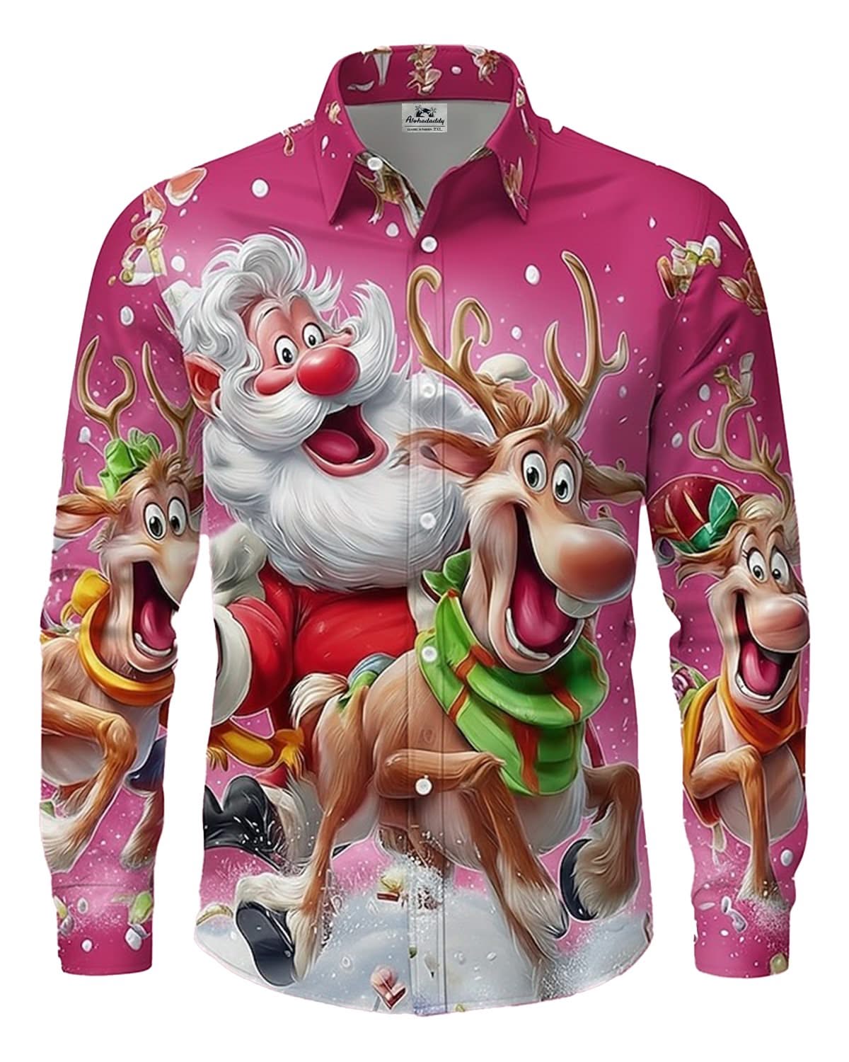 Alohadaddy® Holiday Christmas Santa Claus Reindeer Cartoon Retro Men's Long-Sleeve Shirt