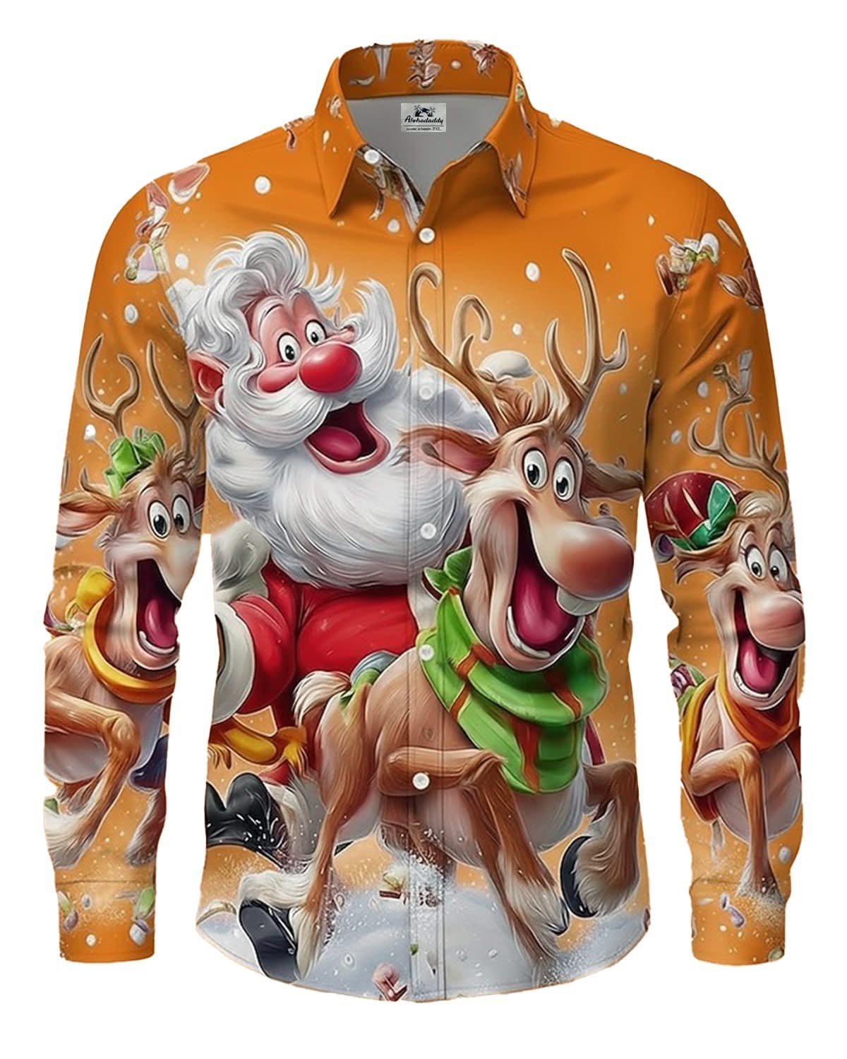 Alohadaddy® Holiday Christmas Santa Claus Reindeer Cartoon Retro Men's Long-Sleeve Shirt