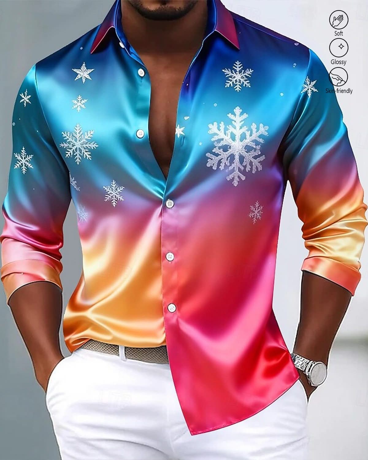 Alohadaddy® Holiday Satin Silk Christmas Vintage Gradient Snowflake Men's Long-Sleeve Shirt