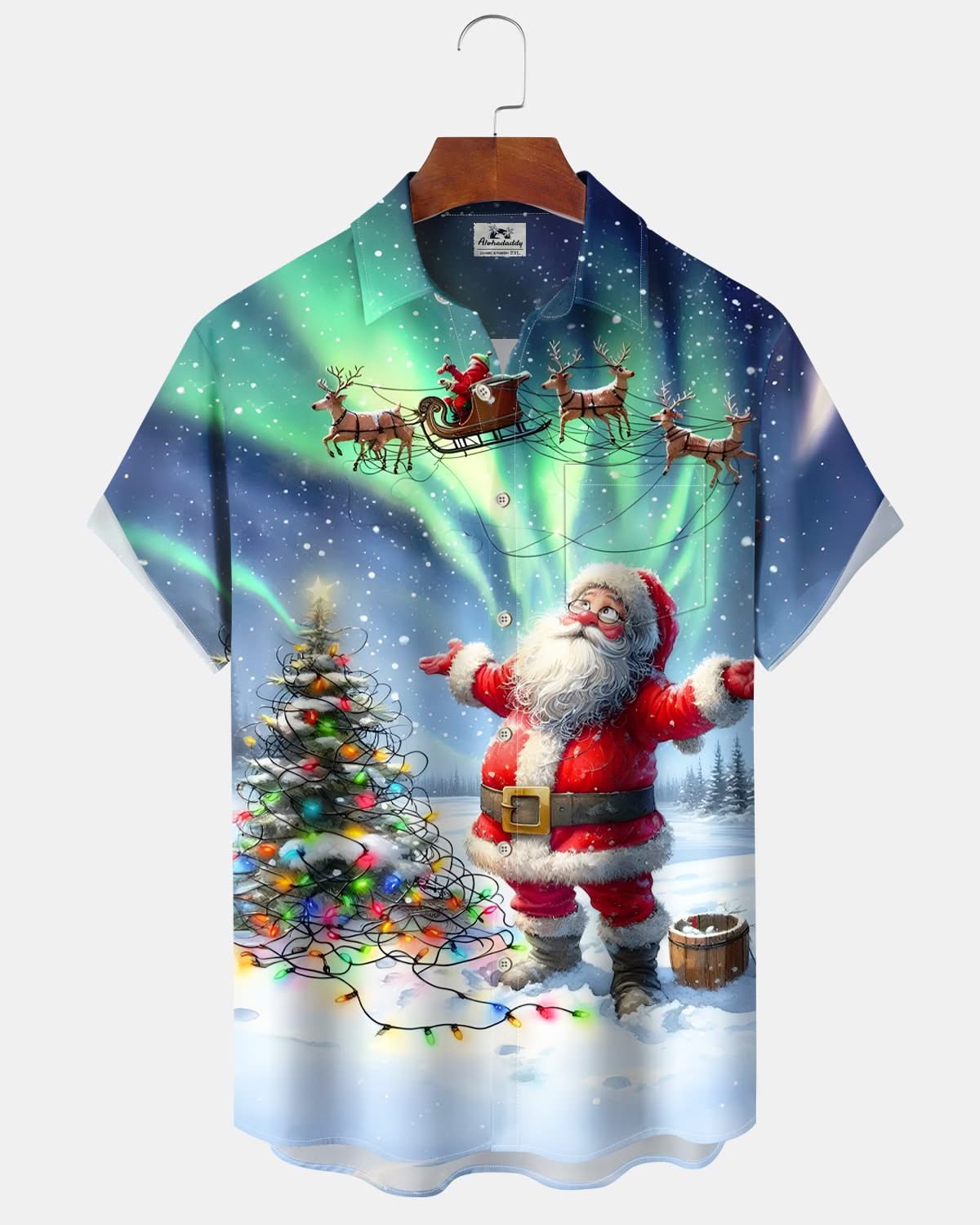 Alohadaddy® Holiday Santa Claus Christmas Aurora Sleigh Reindeer Men's Short-Sleeve Shirt
