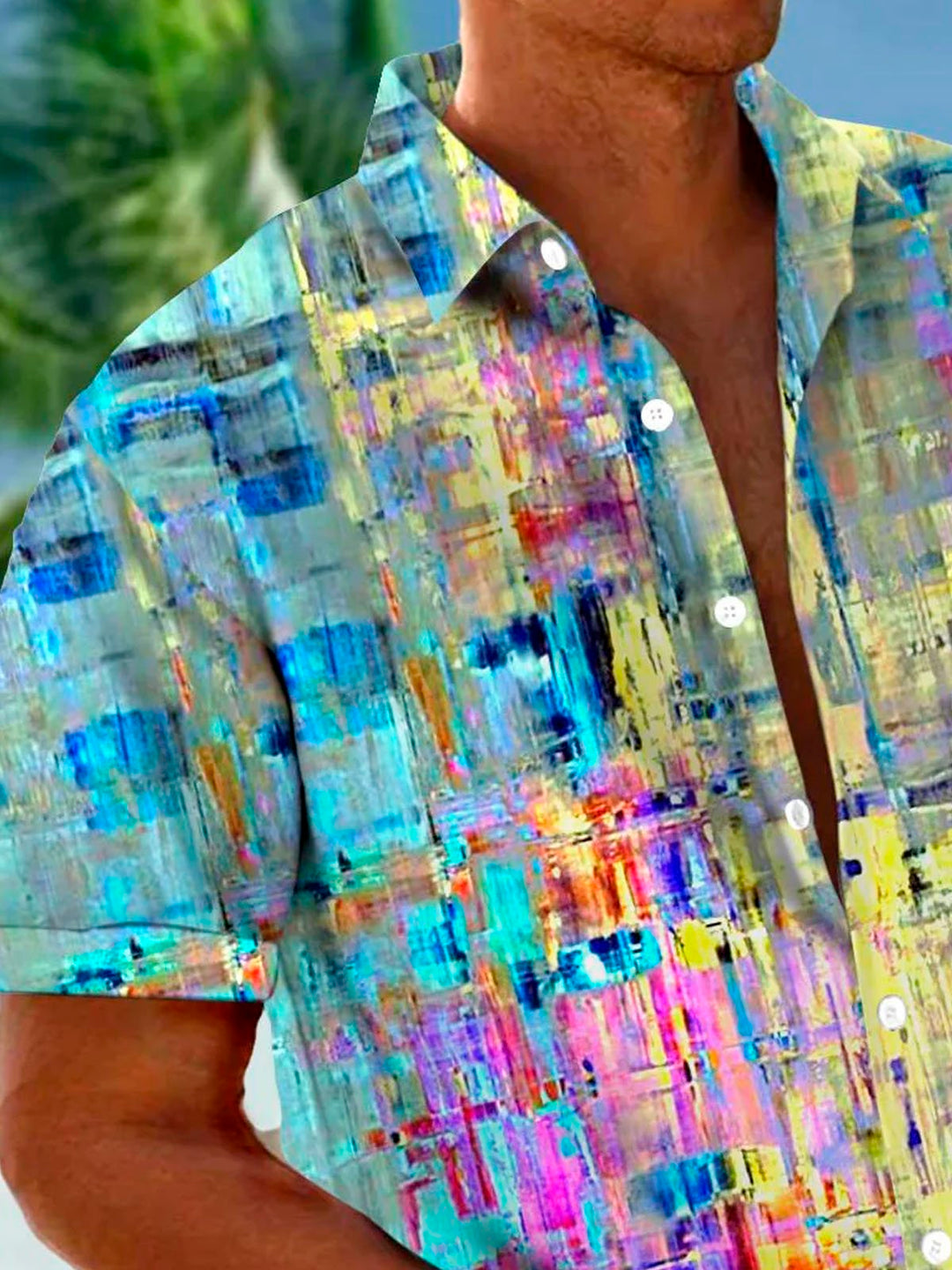 Camisa de manga corta con bolsillos abotonados para hombre con estampado de empalmes de colores en contraste fluorescente y degradado hawaiano de Alohadaddy
