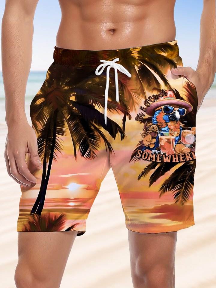Alohadaddy Hawaiian Palm Tree Parrot Elastic Waist Drawstring Print Art Stretch Polyester Beach Shorts