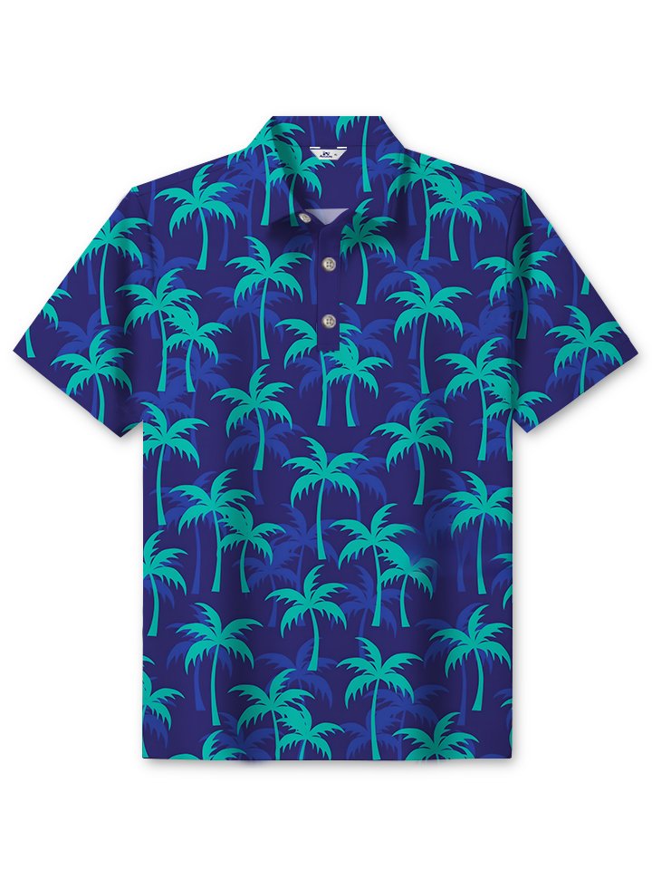 Alohadaddy Hawaiian Casual Palm Trees Painting Art Buttons Large Size Long Polyester Polo Shirt