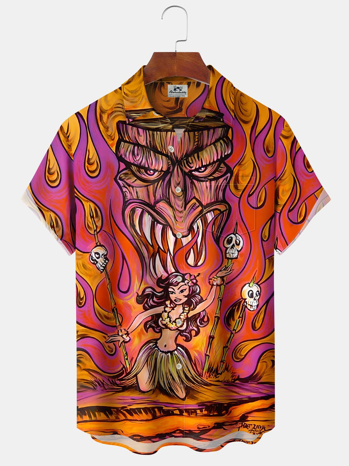Alohadaddy® Vintage Mask Flames Printed Art Pockets Moisture Wicking Hawaiian Shirt Big &amp; Tall