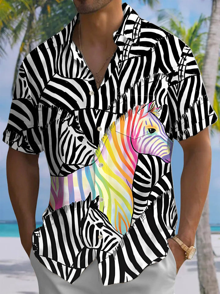Alohadaddy® Casual Zebra Art Print Chest Pocket Mens Short Sleeve Shirt Big &amp; Tall