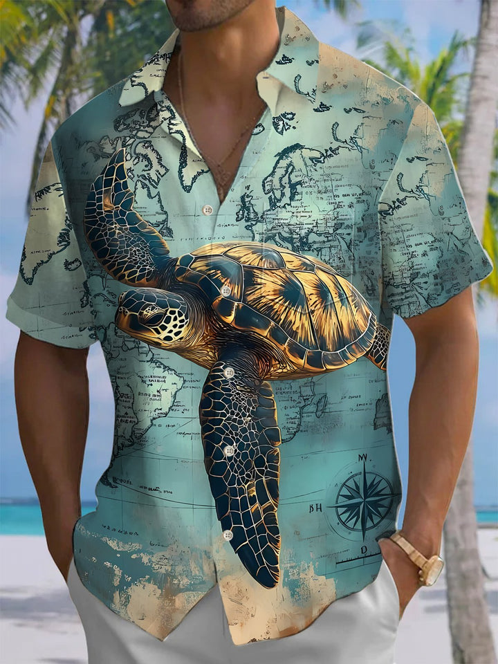 Alohadaddy® Vintage Nautical Turtle Print Art Chest Pocket Mens Short Sleeve Shirt Big &amp; Tall