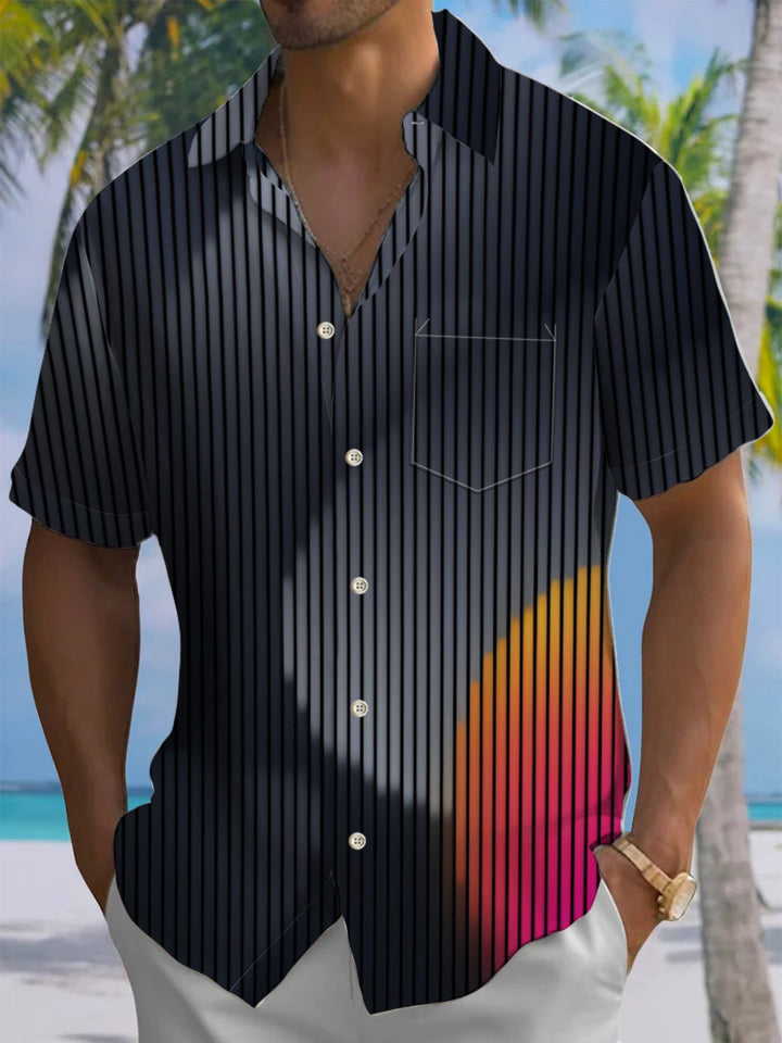 Alohadaddy® Casual Stripes Print Art Chest Pocket Men&