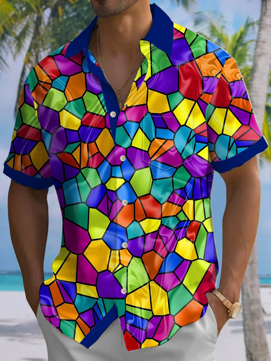 Alohadaddy® Casual Geometric Contrast Art Print Chest Pocket Men&