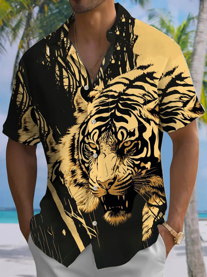 Alohadaddy® Vintage Tiger Art Print with Chest Pocket for Men&