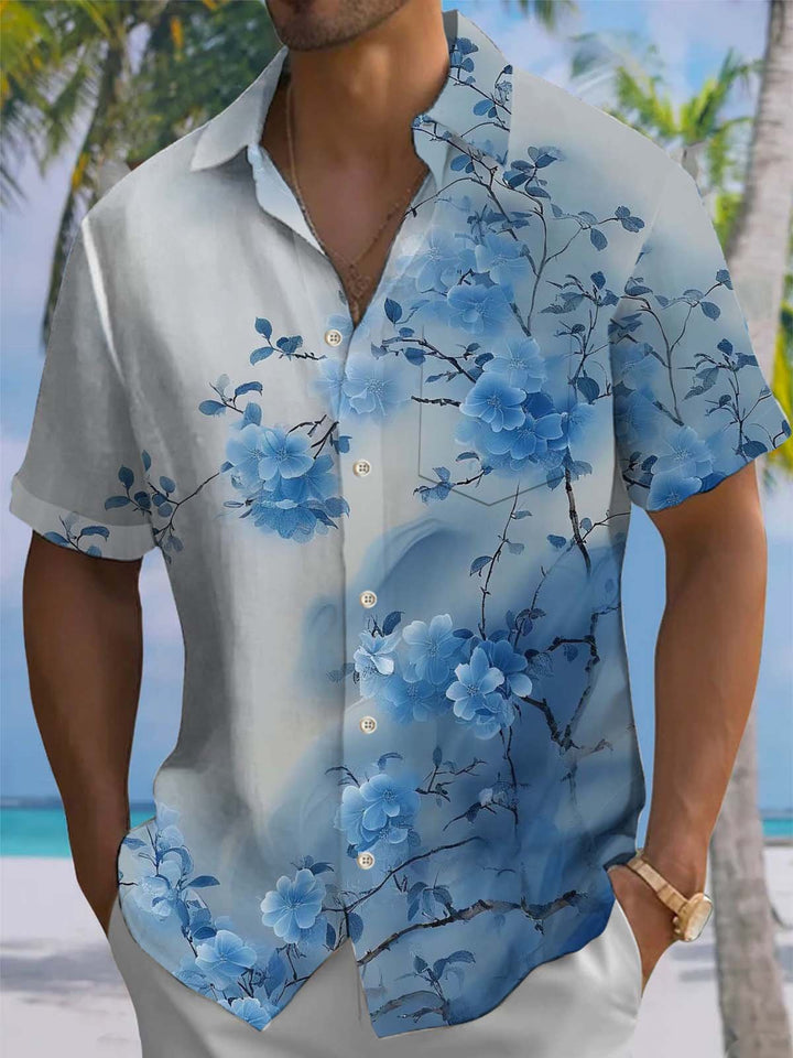 Alohadaddy® Casual Floral Art Print Chest Pocket Stretch Men&