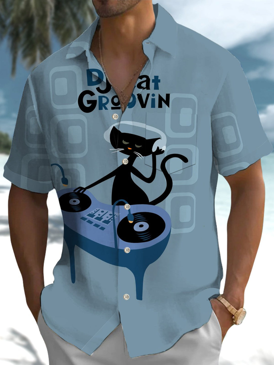 Alohadaddy® Casual Geometric DJ Cat Art Print Pocket Stretch Men&