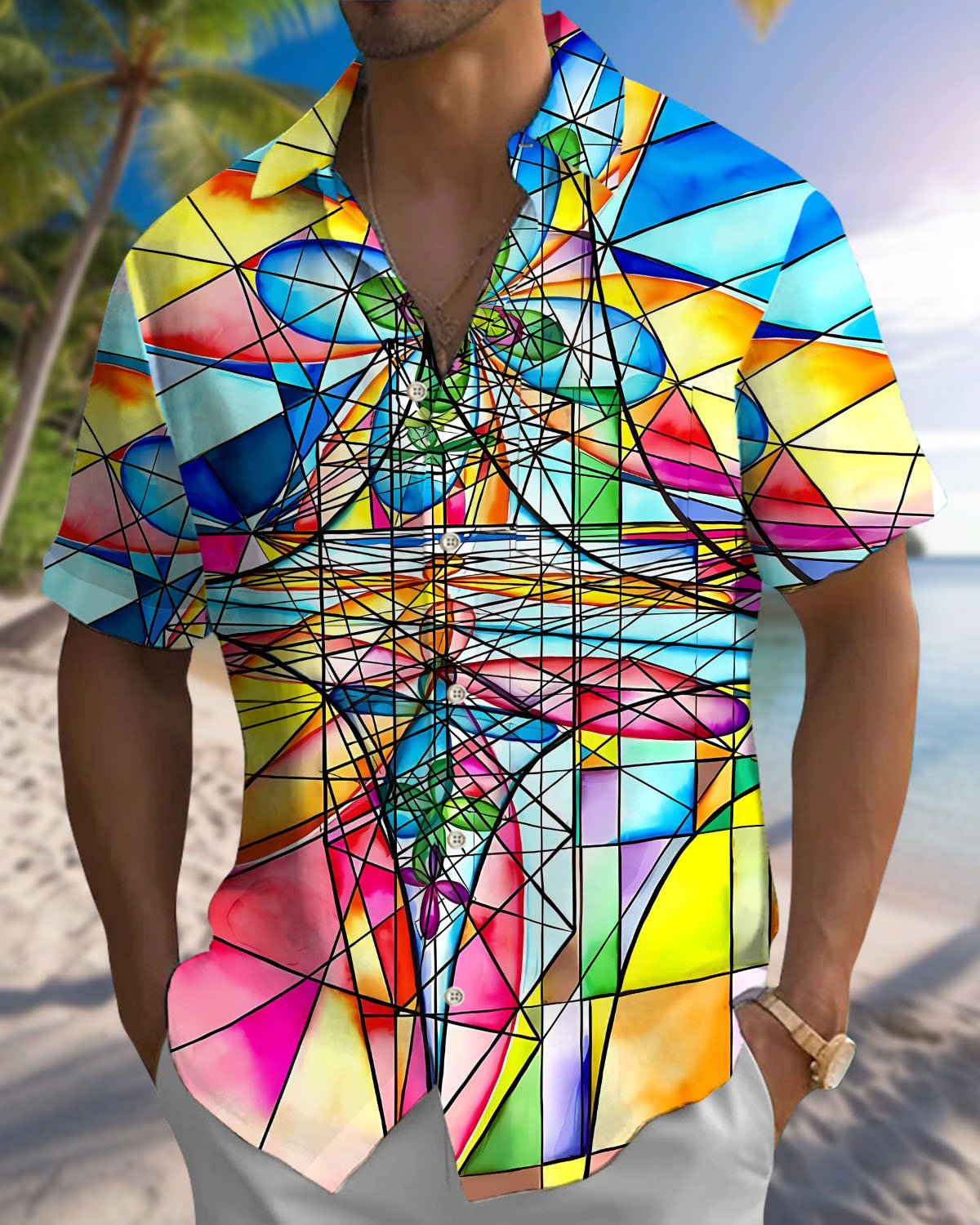 Alohadaddy® Casual Abstract Geometric Print Pocket Elastic Button Men's Short Sleeve Shirt Big & Tall