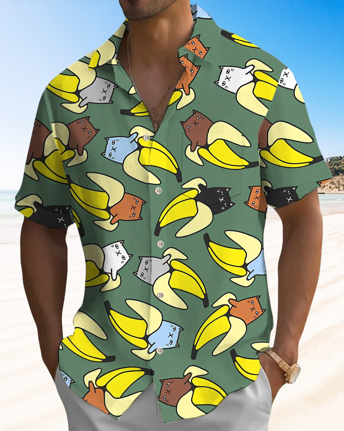Alohadaddy® Casual Fun Cartoon Banana Cat Printed Pocket Elastic Button Men's Long Sleeve Shirt Big & Tall