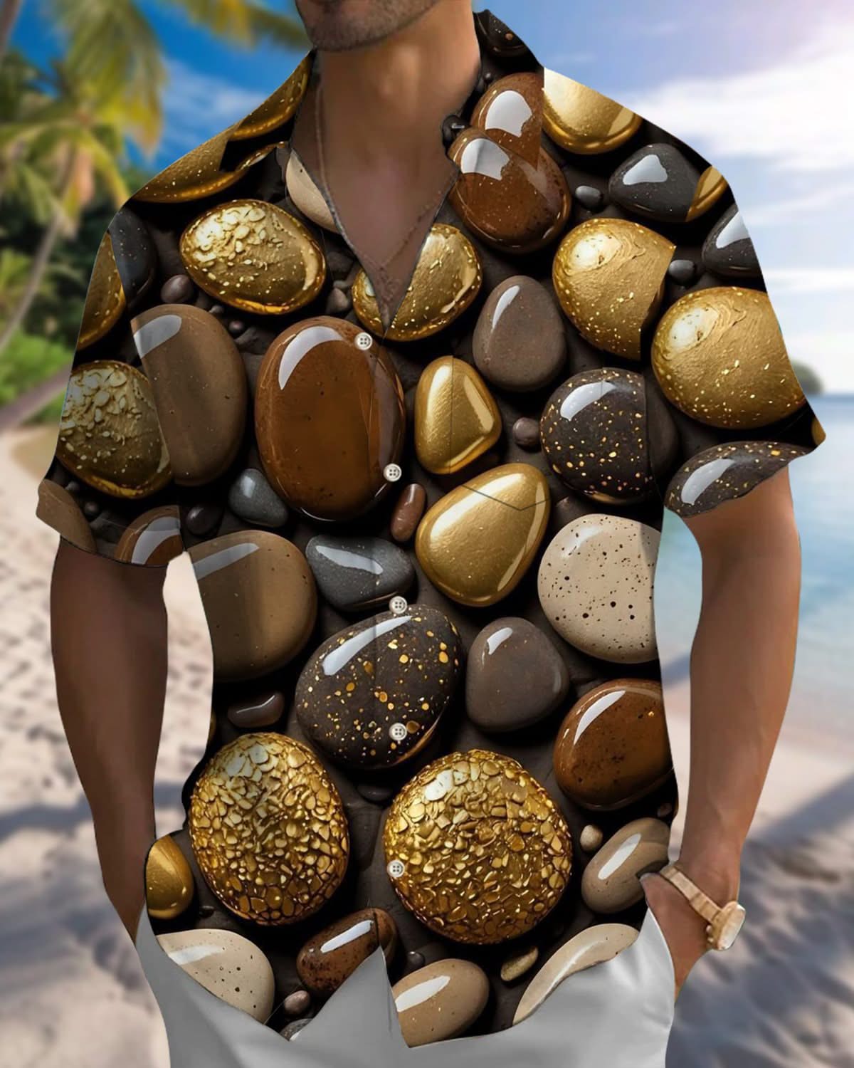 Alohadaddy® Vintage Pebble Art Print Pocket Elastic Button Men's Short Sleeve Shirt Big & Tall