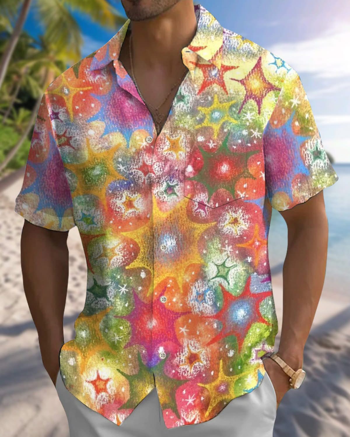 Alohadaddy® Vintage Art Star Print Pocket Stretch Men's Short Sleeve Shirt Big & Tall