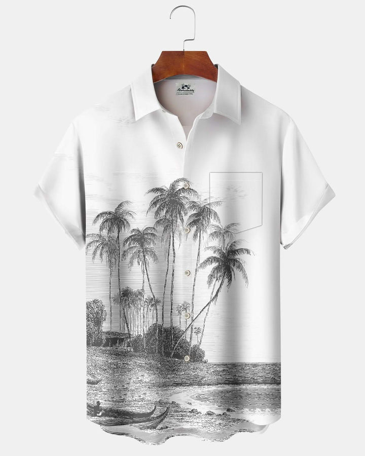 Alohadaddy® Vintage Beach Palm Tree Print Pocket Elastic Button Men&