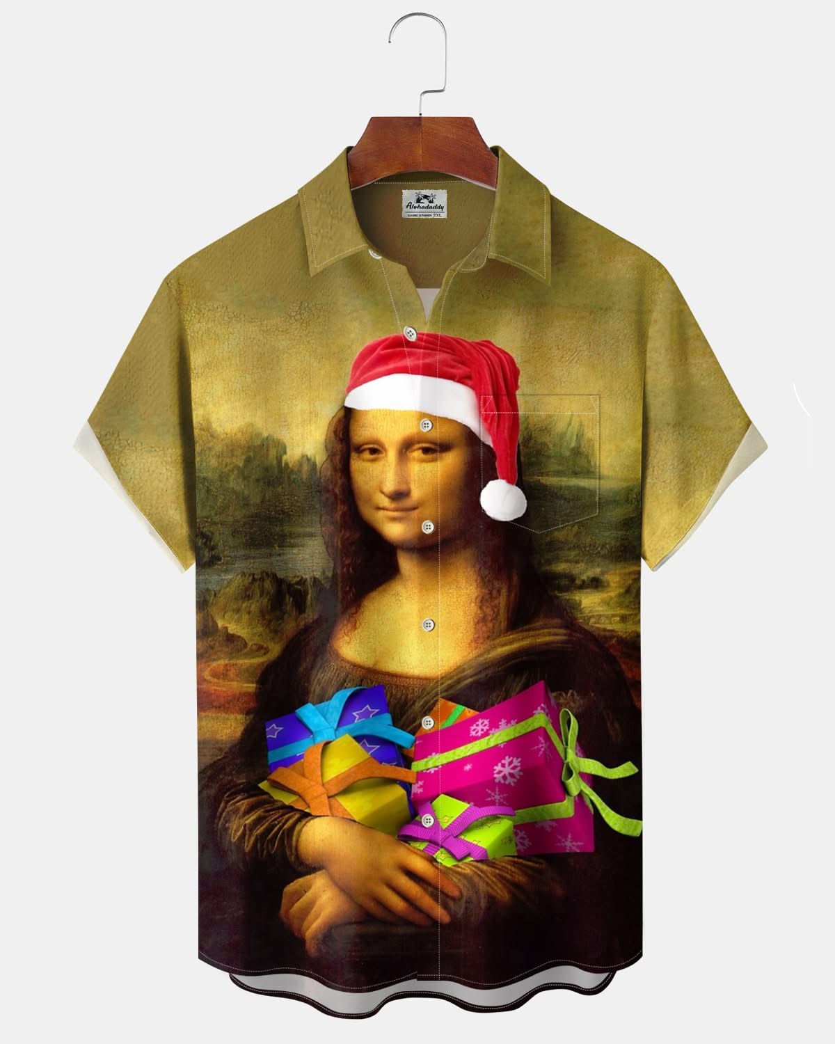 Alohadaddy® Vintage Christmas Mona Lisa Print Art Pocket Button Men's Short Sleeve Shirt Big & Tall