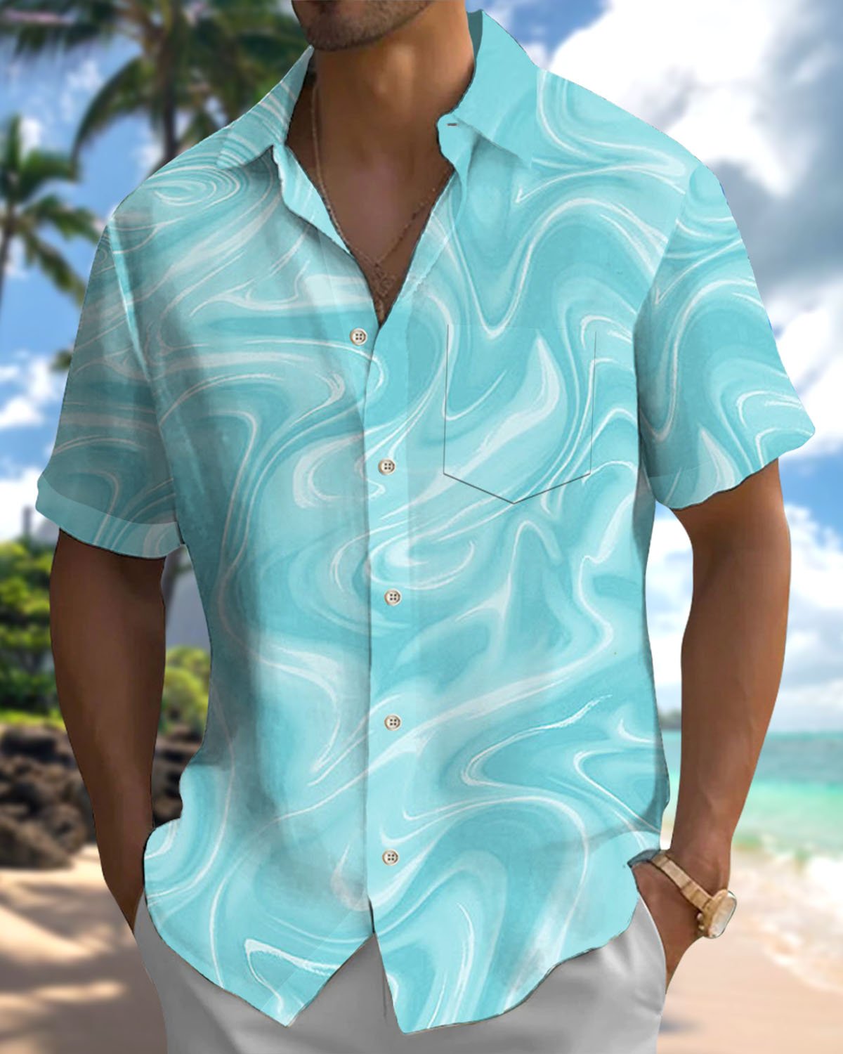 Alohadaddy® Casual Abstract Art Print Stretch Button Pocket Men's Short Sleeve Shirt Big & Tall