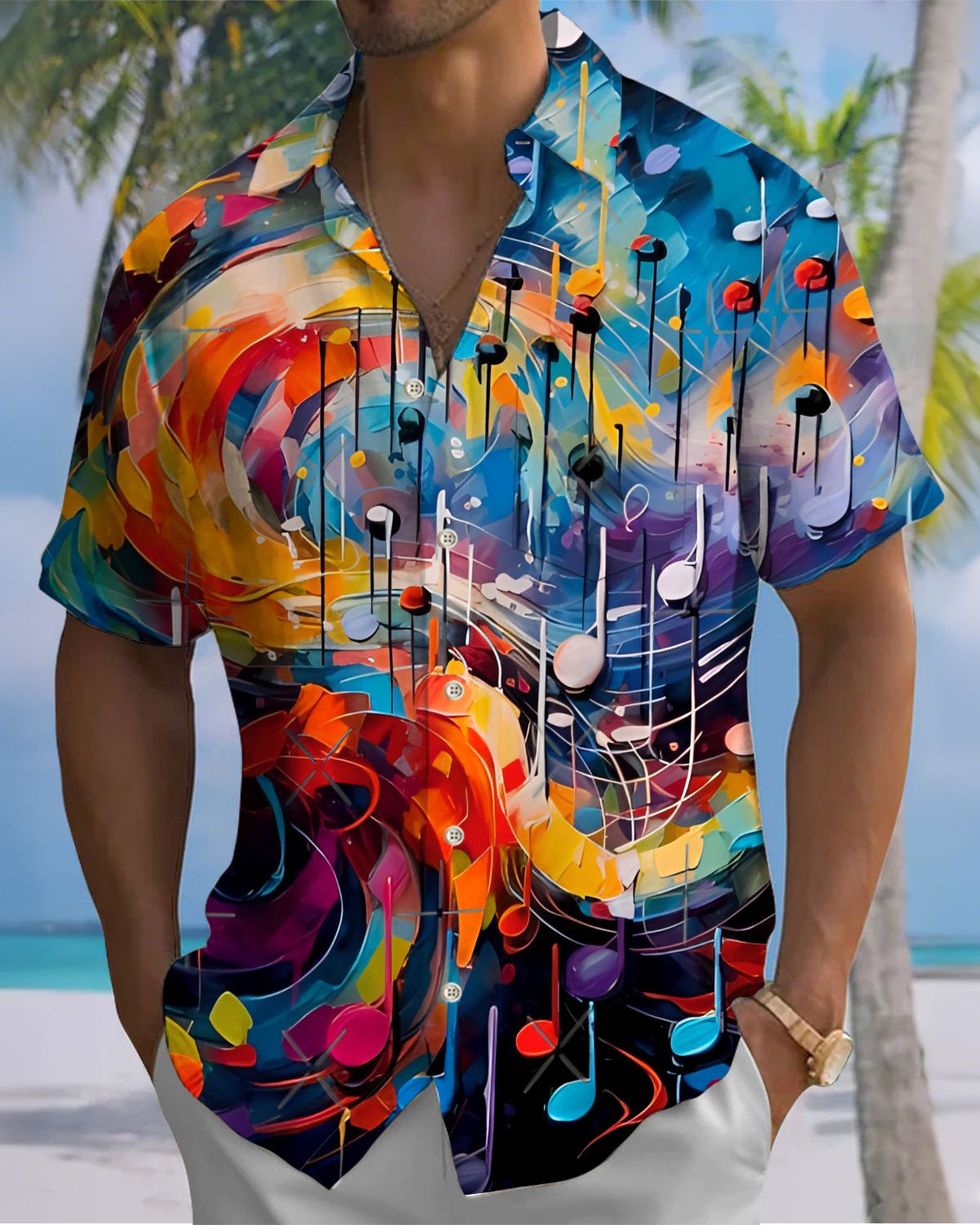 Alohadaddy® Retro Optimized Musical Note Print Art Pocket Button Stretch Men's Short Sleeve Shirt Big & Tall