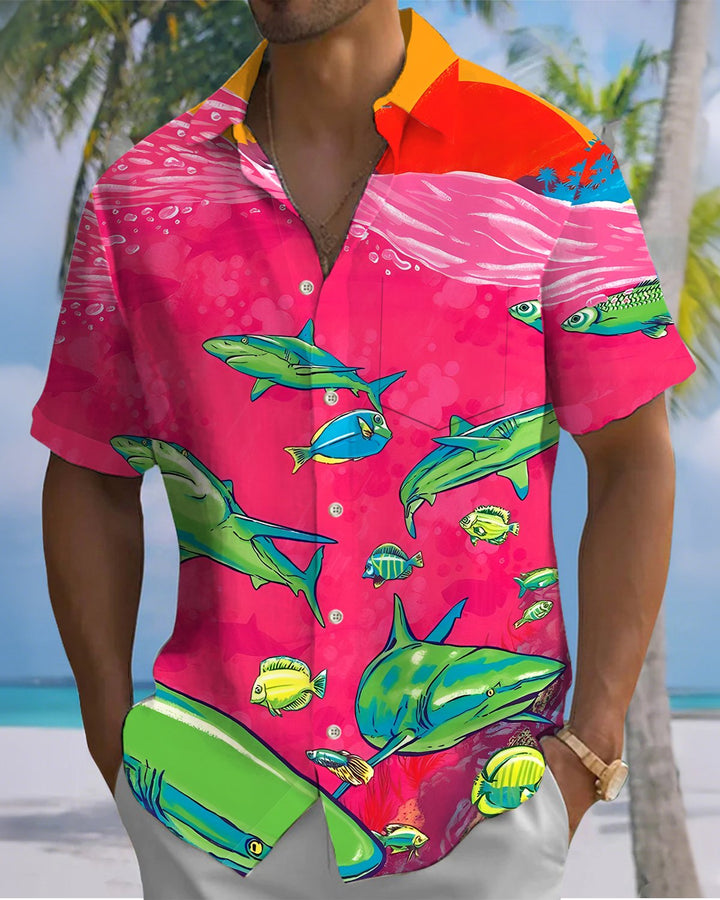 Alohadaddy® Hawaiian Shark Print Art Button Pocket Cardigan Men&