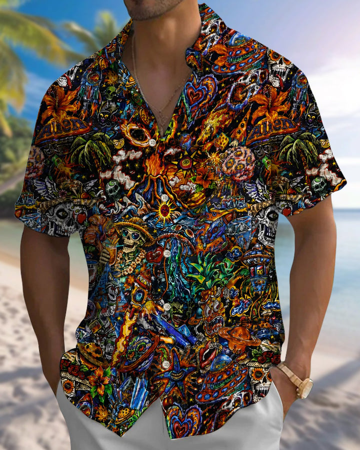 Alohadaddy® Vintage Graffiti Print Art Button-Down Pocket Cardigan-Style Men&