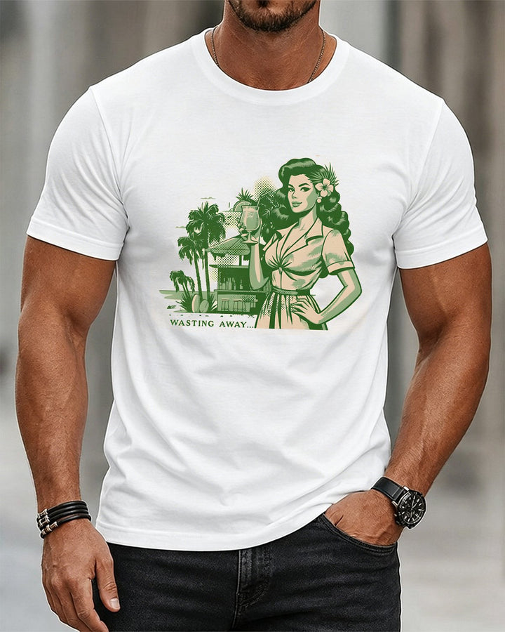 Alohadaddy® Vintage-Style Portrait &amp; Vacation Print Crew-Neck Short-Sleeve T-Shirt