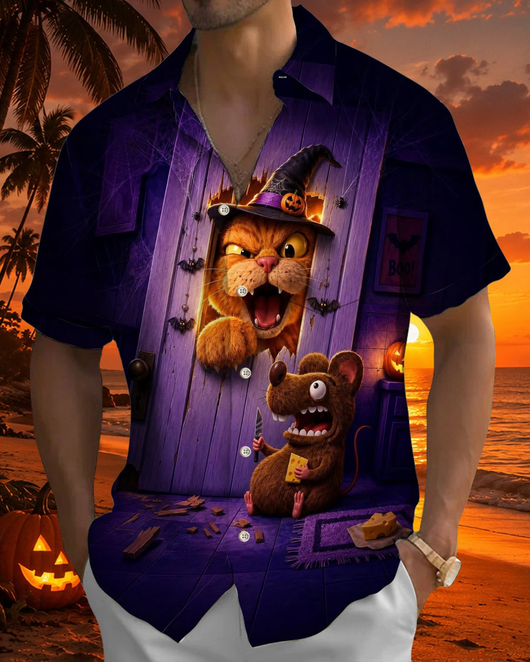 Alohadaddy® Holiday Halloween Graphic Print Button-Down Pocket Cardigan-Style Men&