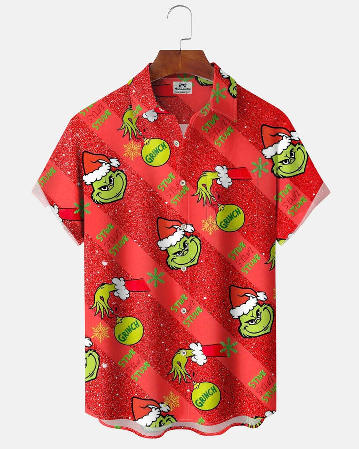 Alohadaddy® Holiday/Christmas Print Button-Down Short-Sleeve Men’s Cardigan Shirt with Pocket