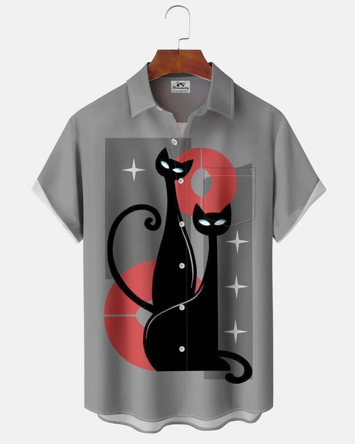 Alohadaddy® Vintage Atomic Twin Black Cats Print Button-Down Cardigan-Style Men’s Short-Sleeve Shirt with Pocket