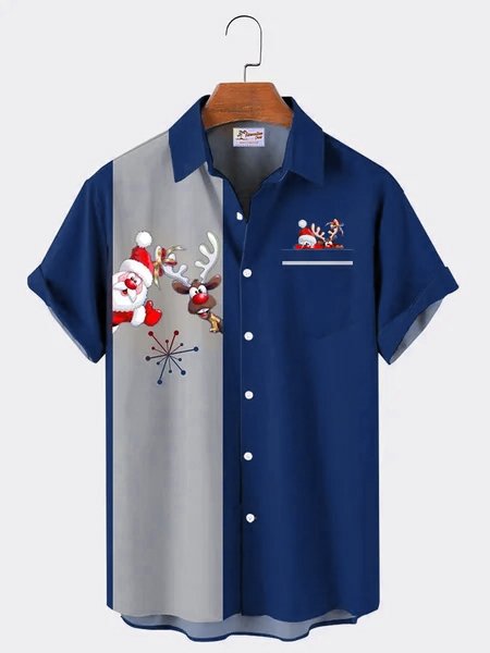 Camisa de rayas con costuras navideñas creativas para hombre con bolsillos