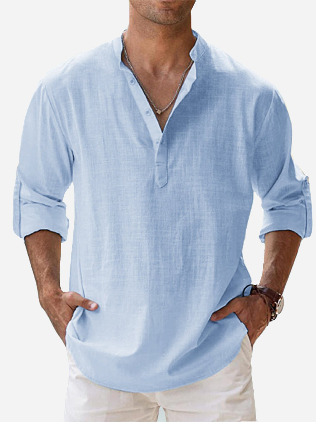 Camisas de manga larga con cuello de banda, de lino y algodón, básicas, informales, vintage, de Alohadaddy, cómodas y transpirables para campamento