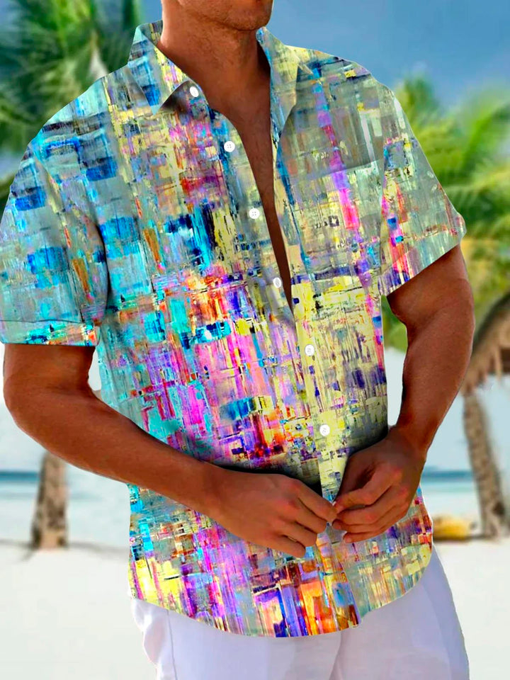 Camisa de manga corta con bolsillos abotonados para hombre con estampado de empalmes de colores en contraste fluorescente y degradado hawaiano de Alohadaddy