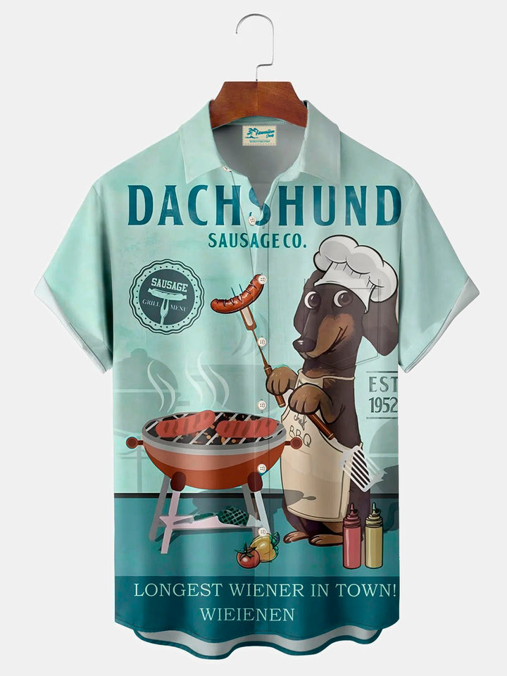Camisa de manga corta con bolsillo y botones para hombre, con estampado 3D de dibujos animados de hot dogs y barbacoa, estilo retro de los años 60, de Alohadaddy, talla grande y alta