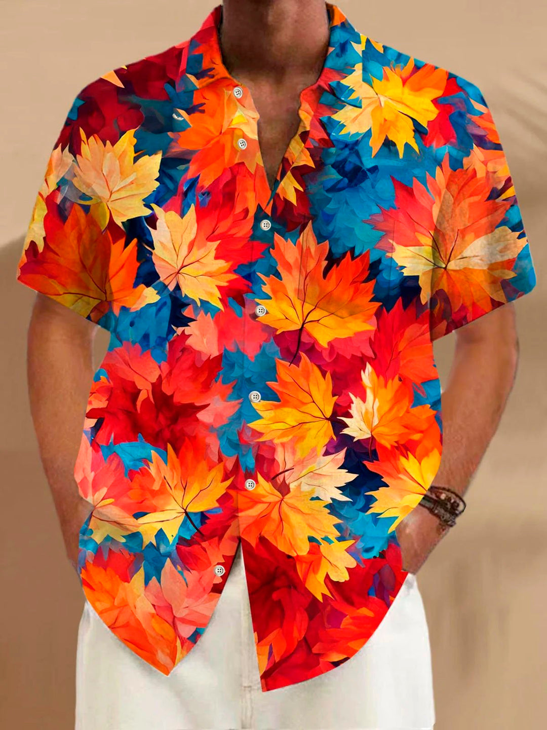 Chemise à manches courtes et poches boutonnées pour homme avec imprimé numérique 3D en feuille d&