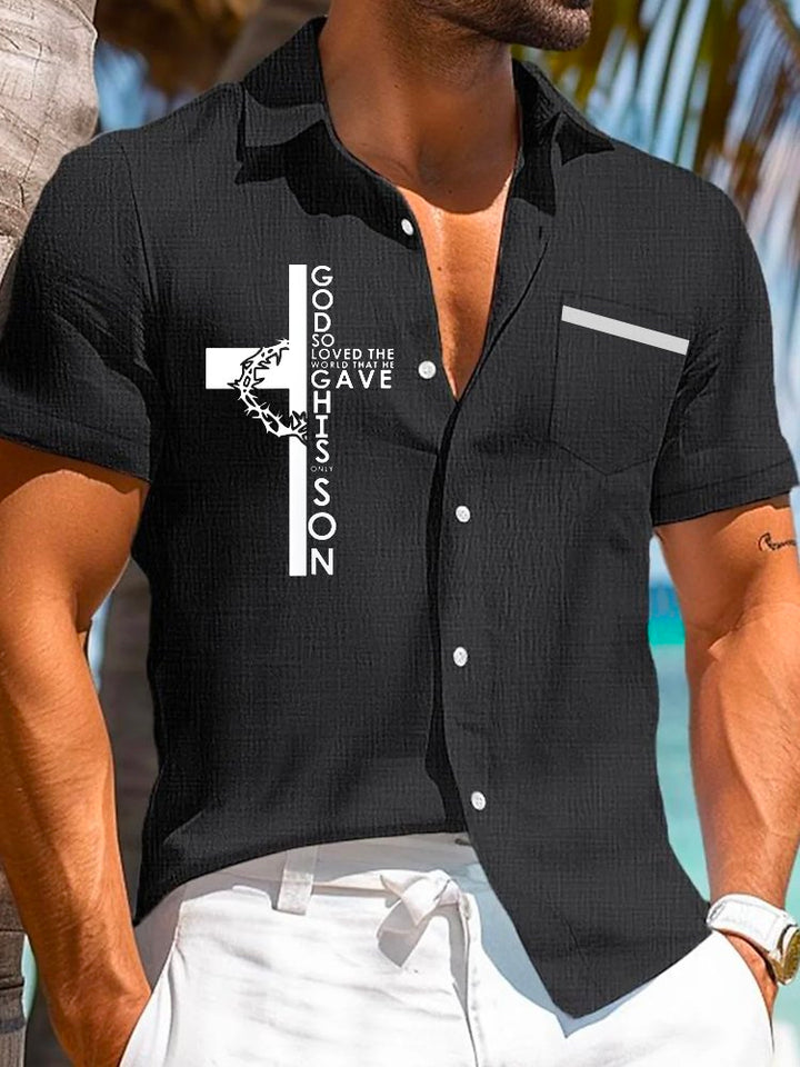 Chemise à manches courtes et poches à boutons pour homme avec imprimé numérique 3D vintage Letter Cross d&